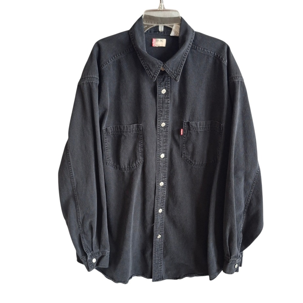 VTG Levis Red Tab Mens Large Black Denim Button Shirt Faded Wash Workwear Y2K